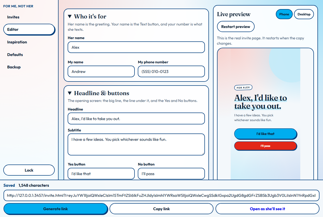 Admin editor with live invite preview